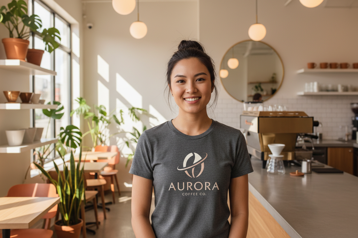 trendy women working at a coffee shop with a trendy coffee logo on shirt
