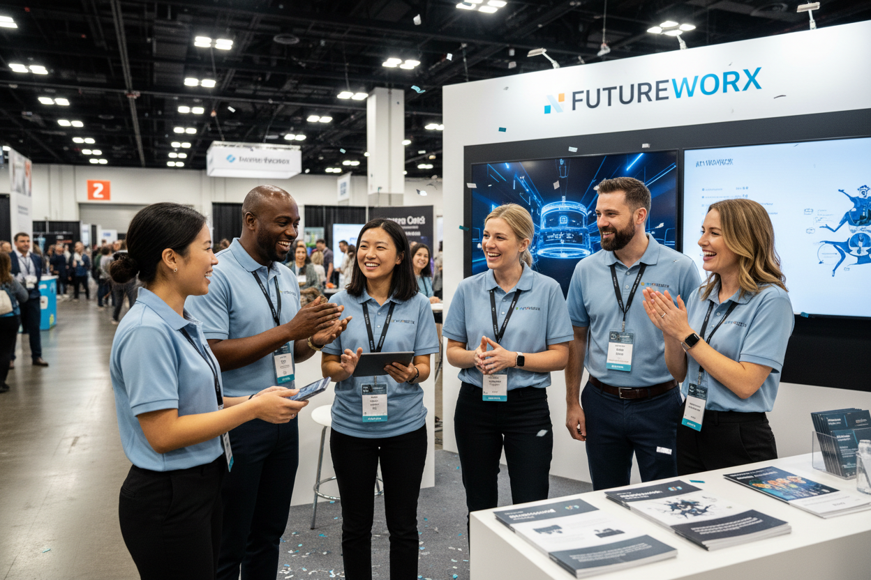 a team of people with a trade show background smiling and laughing wearing company shirts