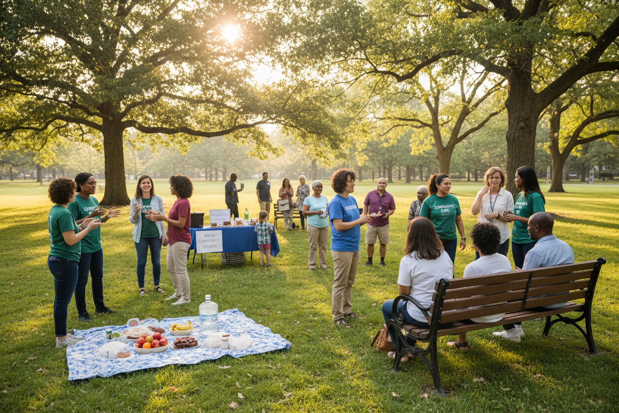 church members in a park setting talking to locals