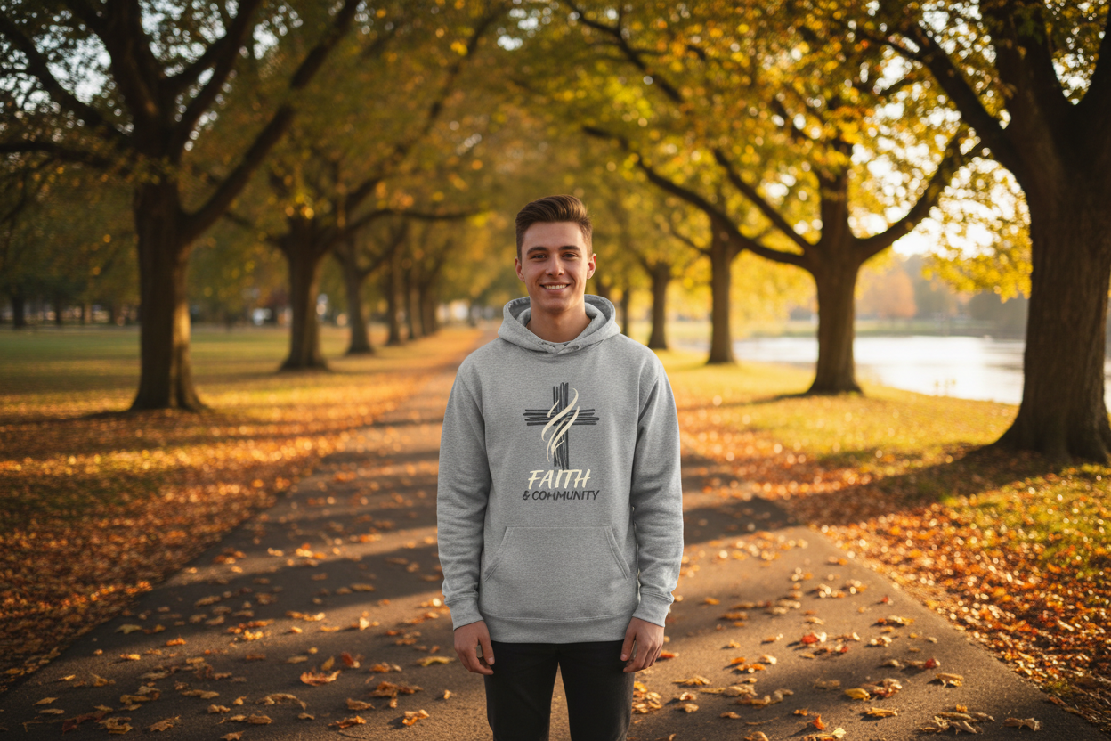 custom church hoodie in a park setting
