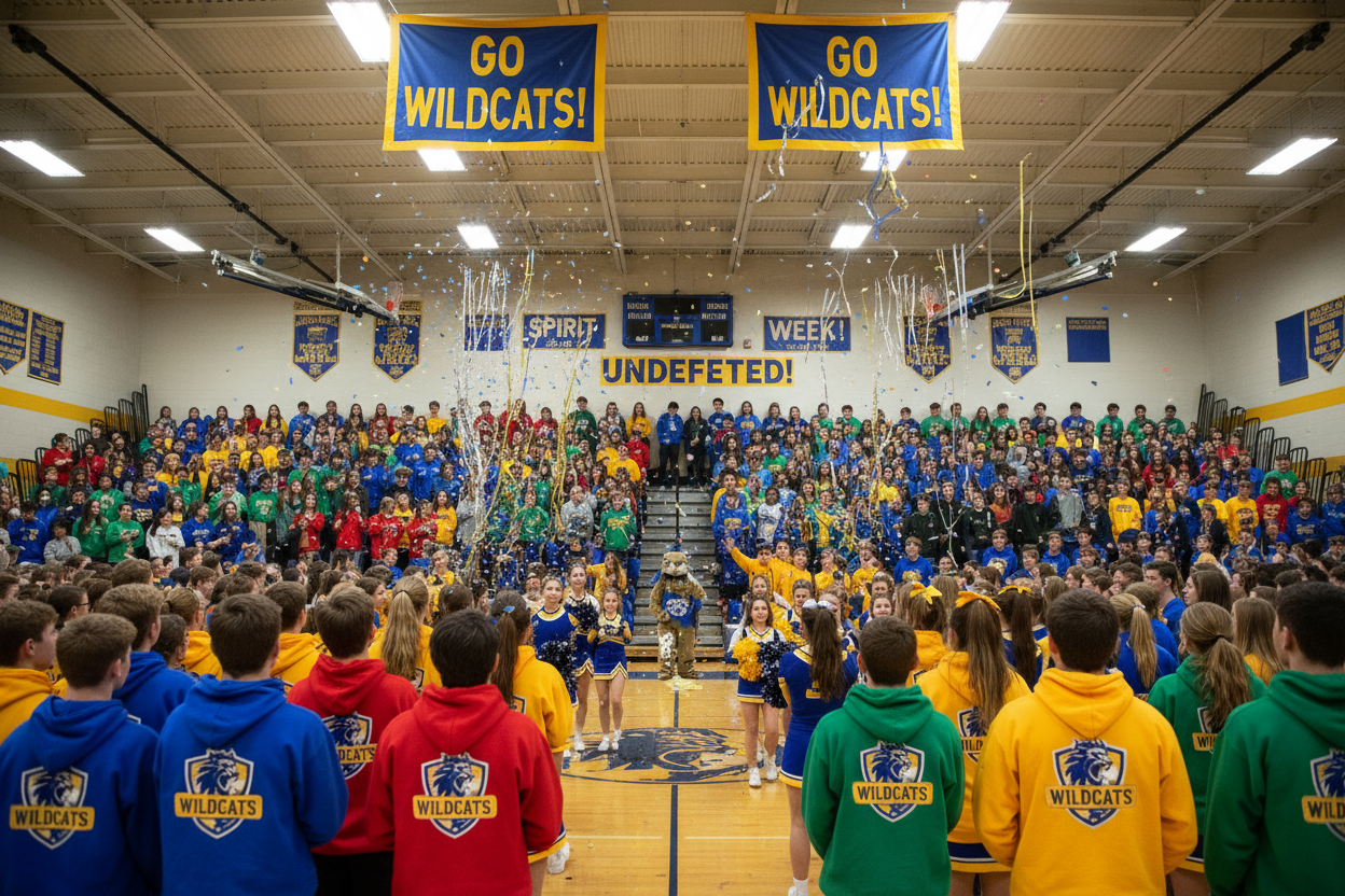 hoodies in a gym pep rally