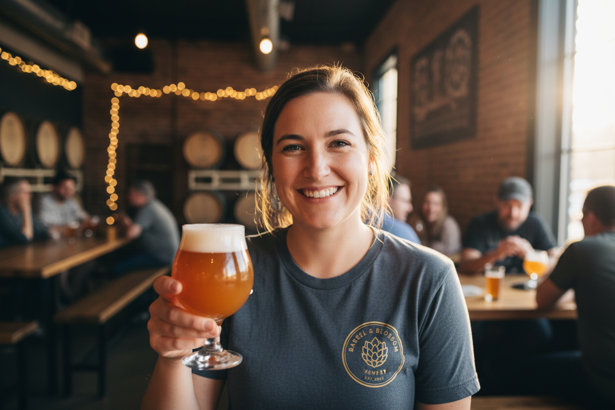 picture of a women smiling with a beer in her hand and t shirt with brewery logo