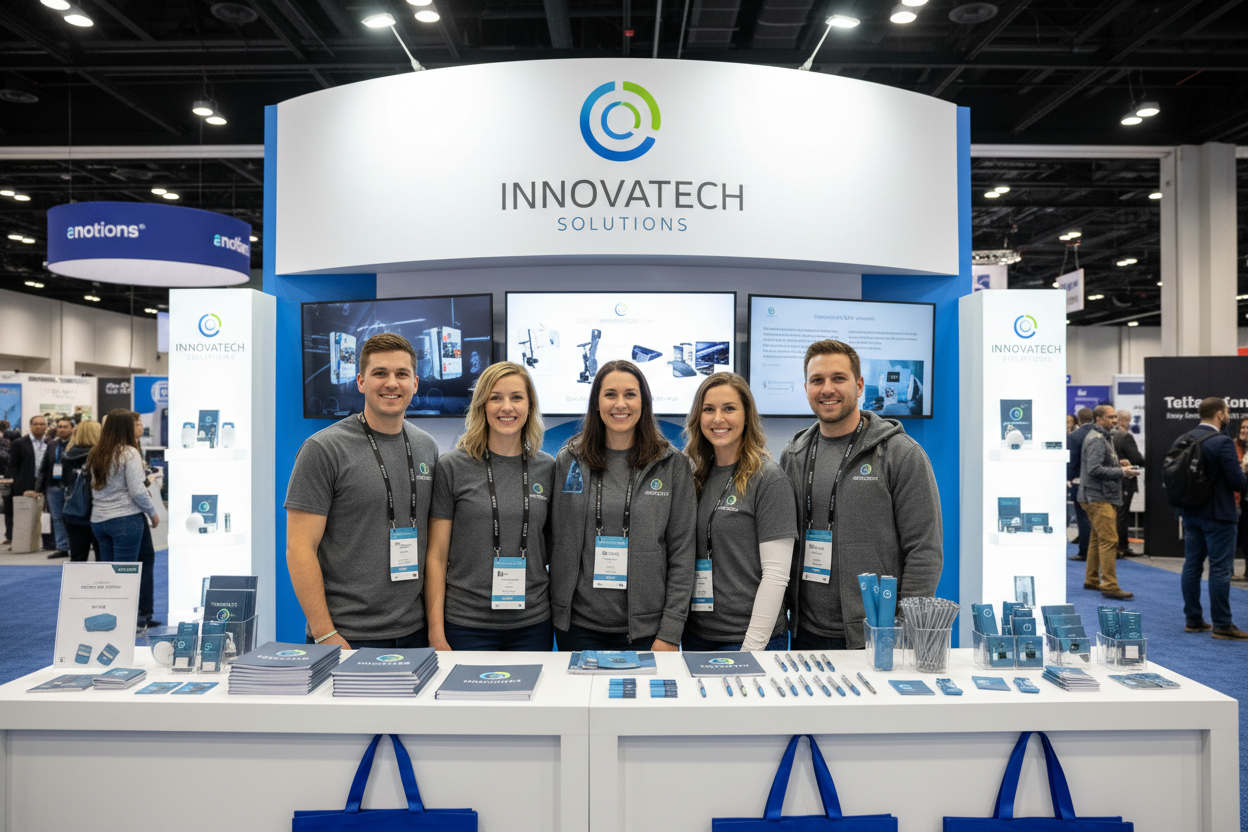 trade show scene people at a booth with branded signage behind them and table top in front of them with branded merch wearing the same brand on their shirts and hoodie