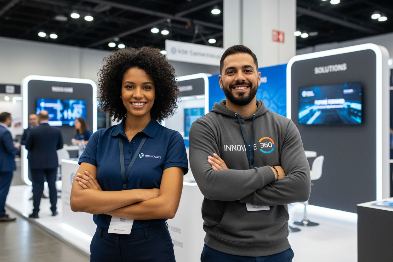 two employees with trade show merch on